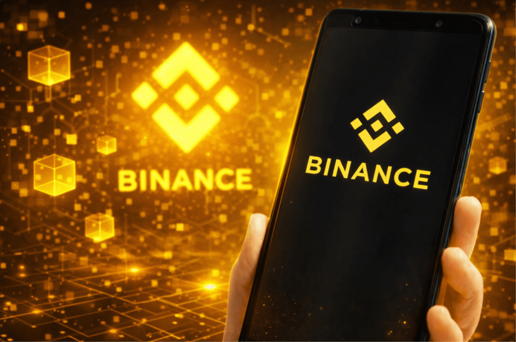 Cómo Comprar Bitcoin para Casinos en México: Guía 2026 3 Una mano sostiene un smartphone mostrando el logo de Binance, con un resplandeciente fondo digital de blockchain que...