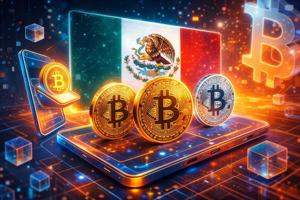 Criptomonedas y bandera de México.
